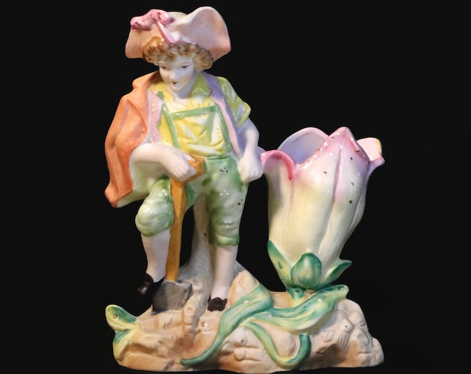 Victorian Boy with Flower Catch Spill Vase German Bisque