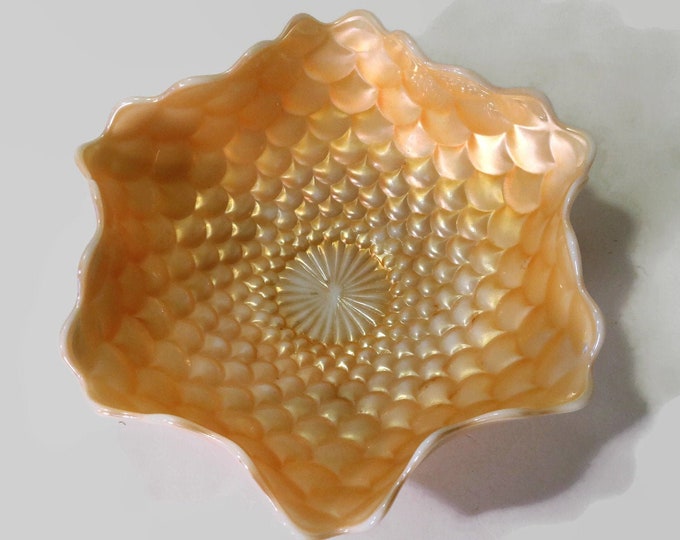 Westmoreland Ruffled Scales 9" Bowl - Marigold on Milk Glass ca. 1909