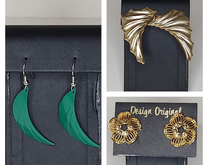 Vintage Set of Three Pairs of Earrings Green Crescent Shaped, Gold Tone Wing Shaped, Gold Tone Filigree Flower A-6-60