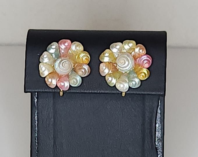 Vintage Screw Back Earrings with Multicolor Iridescent Seashells A-2-6