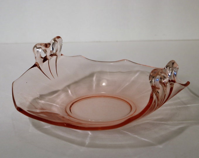 1928-41 Fostoria Fairfax Pink Depression Glass Bon Bon Trinket Dish Curled Sides with Bow Handles