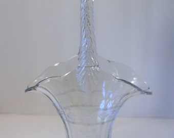 Vtg Duncan & Miller 12 1/2" Glass Bridal Basket w/Etched Flowers, Wreath, Berries and Lines