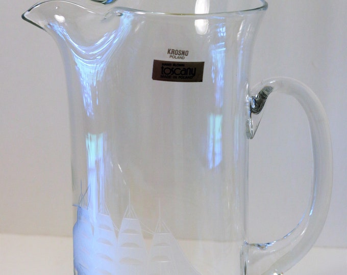 Toscony Krosno Poland 10" Crystal Etched Clipper Ship Pitcher with Pinched Spout
