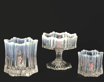 Fenton Vulcan Opalescent Hand Painted 3 pc Set - 1980&#39;s