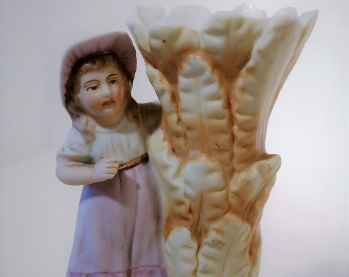 Vintage Bisque Porcelain Victorian Girl Spill Vase
