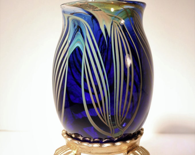 Vintage Handblown Cobalt Blue Crystal w/Feather Pull Gold Lines Vase on Ormolu Brass Stand