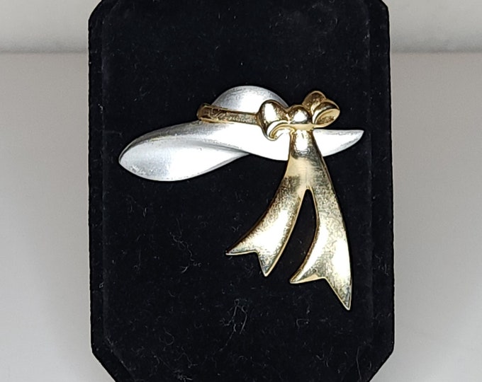 Vintage FAF Design Signed Pewter Hat with Gold Tone Ribbon Bow Brooch Pin A-2-43