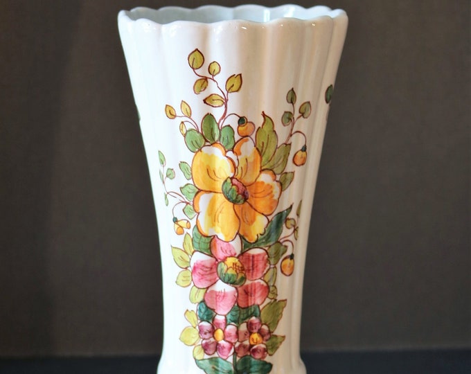 ca. 1950-60's - 10 1/2" Scalloped and Ribbed Vase with Hand Painted Flowers - Italy