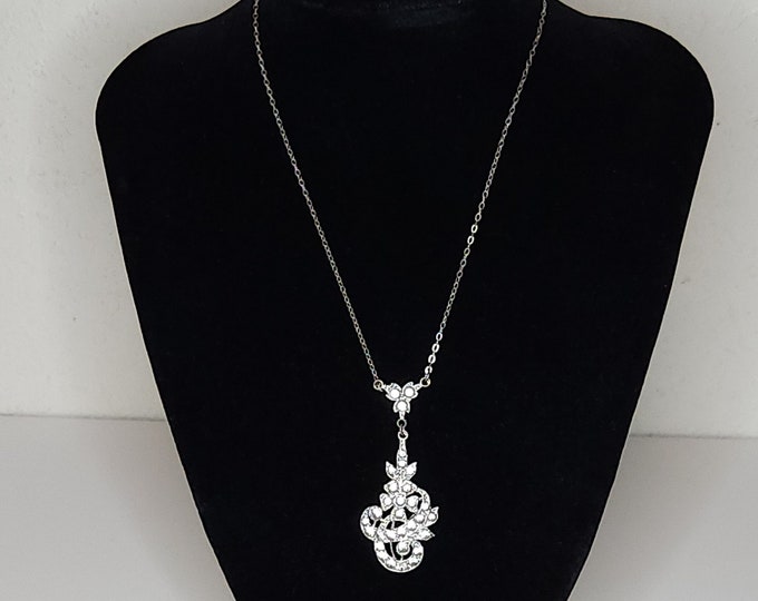 Vintage Silver Tone Floral Necklace with Clear Rhinestones 15 Inch A-1-96