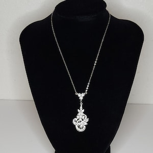 Vintage Silver Tone Floral Necklace with Clear Rhinestones 15 Inch A-1-96