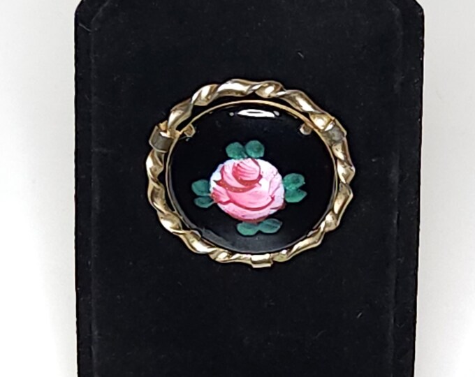 Vintage Round Black Enamel Rose Brooch Pin with Gold Tone Wrapped Border A-1-7