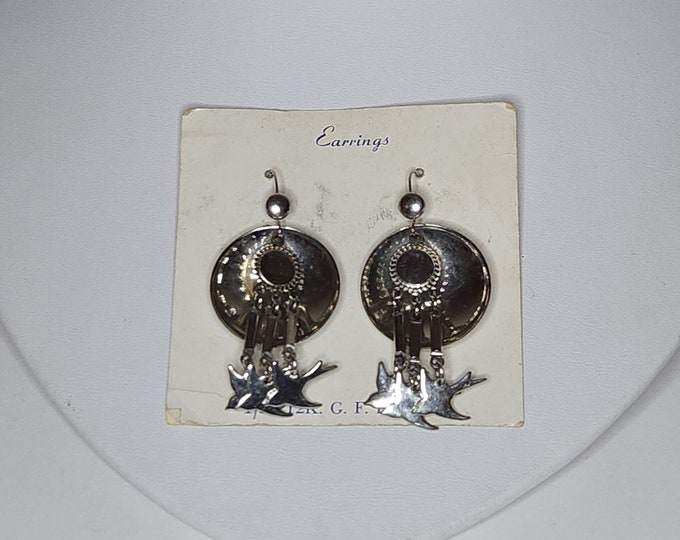 Vintage Silver Tone Dangle Earrings with Curved Discs and Birds A-1-92