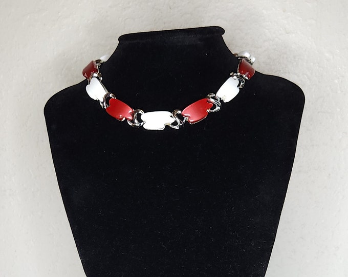 Vintage Silver Tone Necklace with Red and White Thermoset 15 Inch A-4-46