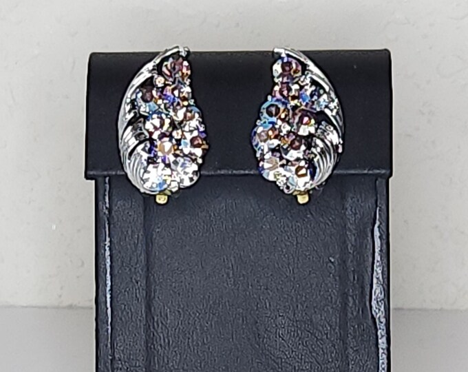 Vintage Lisner Signed Smokey Gray Aurora Borealis Rhinestones and Silver Tone Clip-On Earrings C-3-14