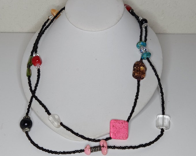 Vintage Glass, Stone, Plastic, Metal and Black Seed Bead Long Beaded Necklace D-1-70