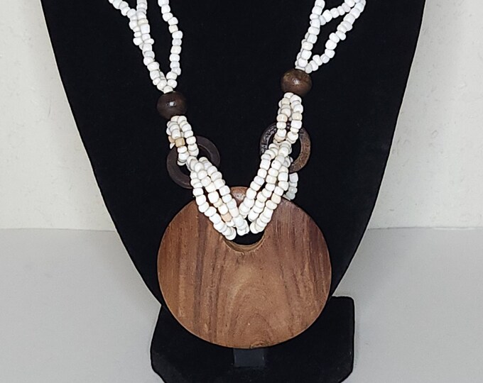 Vintage Wood Circle Pendant and White Seed Bead Necklace With Wooden Accents B-6-20