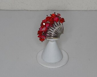 Costume Adjustable Red Dyed Shell and Glass Silver Tone Ring D-1-40