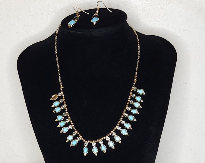 Vintage Gold Tone and Aqua Blue Faceted Teardrop Necklace and Matching Earrings Set B-3-66