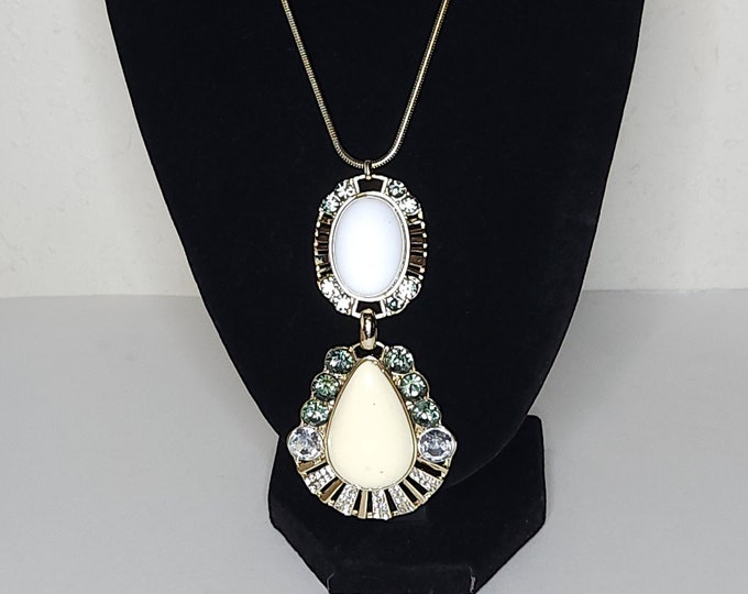 Vintage Gold Tone, White and Cream Pendant Necklace with Dark Green and Clear Rhinestones B-6-15