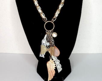 Vintage Gold Tone Chain and Lace Long Pendant Necklace with Bow and Wing D-3-85