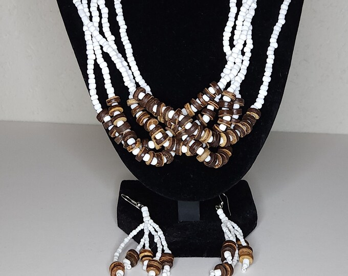 Vintage White and Brown Beaded Necklace and Earrings Set 25 Inch A-3-46-RRH