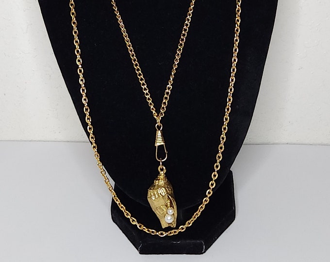 Vintage Two Strand Long Gold Tone Chains with Seashell Shaped Pendant with Faux Pearls Necklace D-2-17