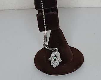 Vintage AS Marked Silver Tone Hamsa Hand with Green Rhinestone Charm on Silver Tone Ball Chain Bracelet C-7-9