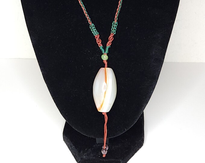 Vintage Agate Pendant on Red and Green Braided Cord A-6-57