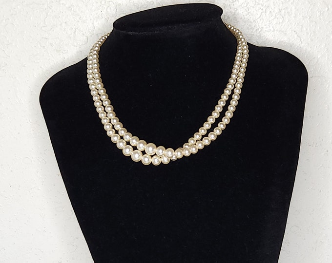 Vintage Two Strand Graduated Faux Pearl Beaded Necklace C-6-80