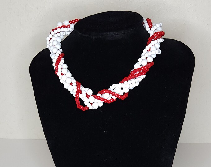 Vintage Two White and One Red Beaded Necklaces with Gold Tone Clip A-6-71