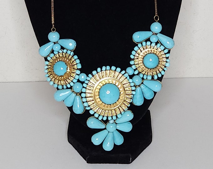 Vintage Zad Signed Faux Turquoise and Gold Tone Bib Necklace B-2-71