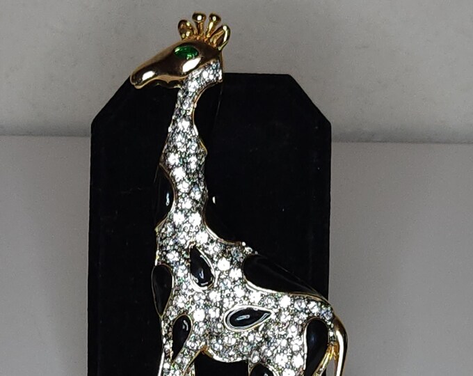 Vintage Large Gold Tone Giraffe Brooch Pin with Rhinestones and Black Enamel A-4-2