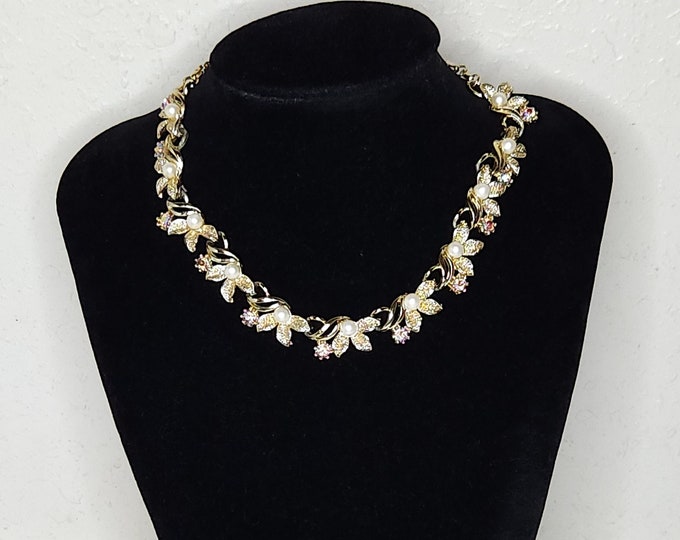 Vintage Gold Tone Floral Link Necklace with Faux Pearls and AB Rhinestones C-6-18