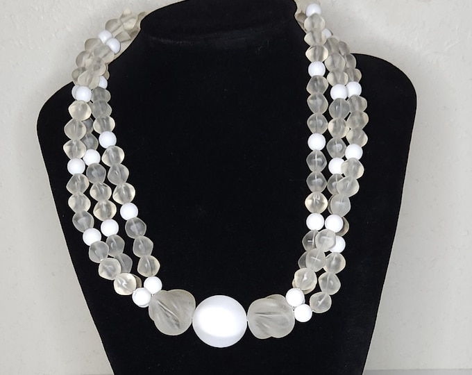 Vintage Three Strand Opaque White and Cloudy Clear Plastic Beaded Necklace B-3-5