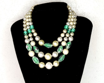 Vintage Japan Marked Three Strand Plastic Faux Pearl and Art Glass Bead Necklace D-4-38