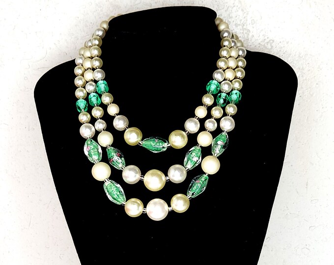 Vintage Japan Marked Three Strand Plastic Faux Pearl and Art Glass Bead Necklace D-4-38