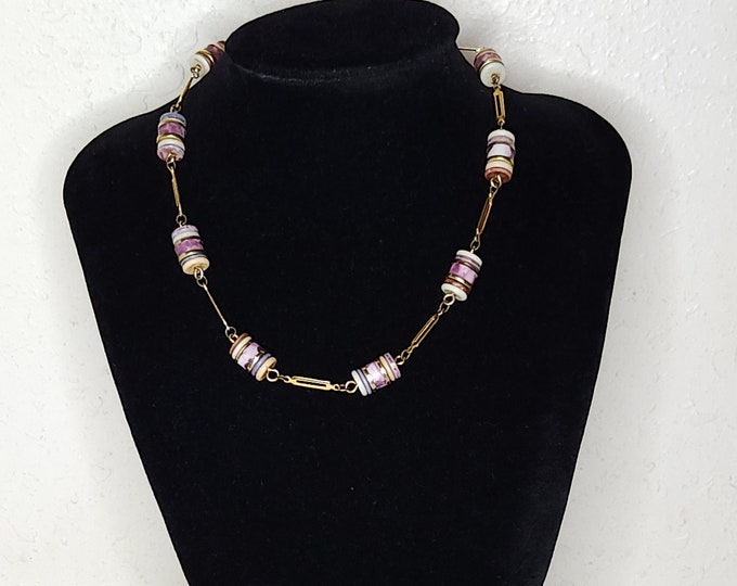 Vintage Dyed Stone Disk Beads and Brass Links Necklace C-6-6