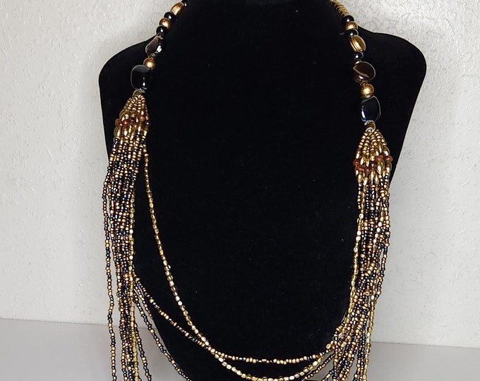 Vintage Gold Tone and Blue Seed Bead 13 Strand Necklace 28 Inch A-3-48-RRH