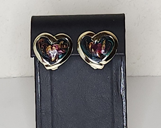Vintage Gold Tone Heart Earrings with Green, Purple and Yellow Swirled Enamel C-3-83