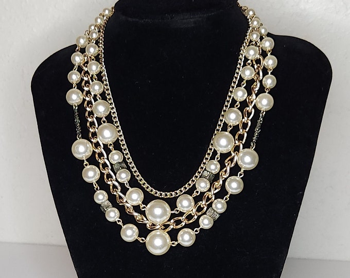 Vintage Japan Marked Gold Tone Chain and Faux Pearl 4 Strand Necklace 16 Inch A-4-12