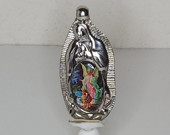 Vintage Silver Tone Virgin Mary Pendant with Guardian Angel Image C-5-94