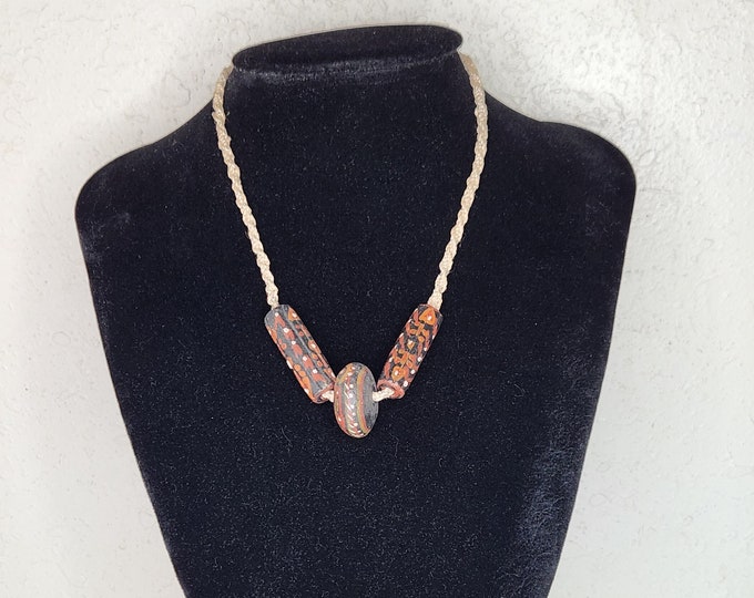 Vintage Boho Surfer Choker Necklace with Tan Braided Thread and Brown Resin Beads D-4-86