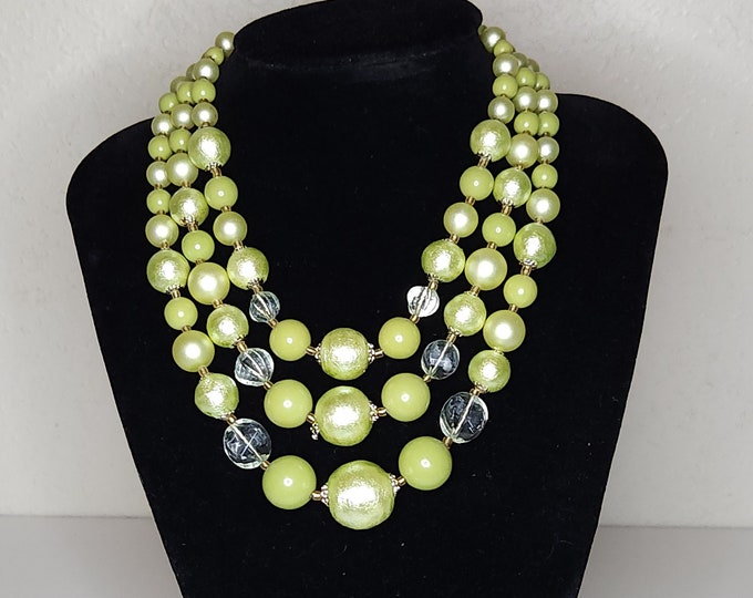 Vintage Japan Marked Pistachio Green Bead Necklace 17 Inch A-2-78