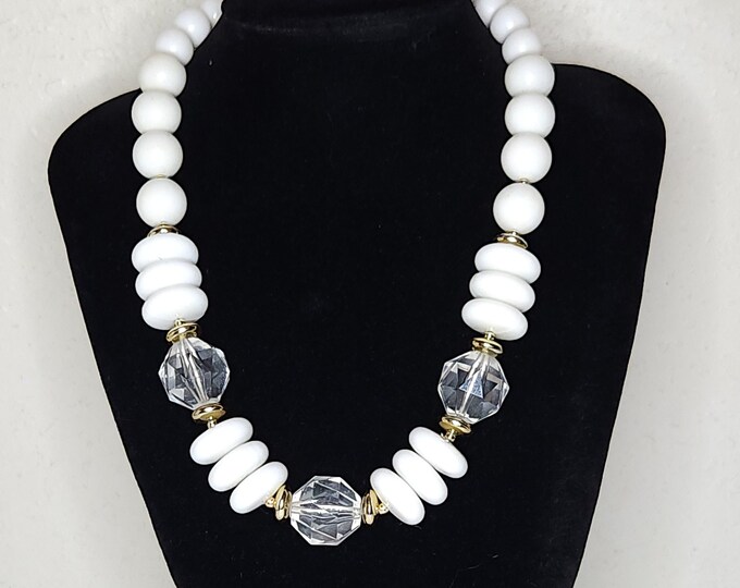 Vintage White Oval and Round Beaded Necklace with Clear Plastic Faceted Beads and Gold Tone Spacer Beads B-2-79