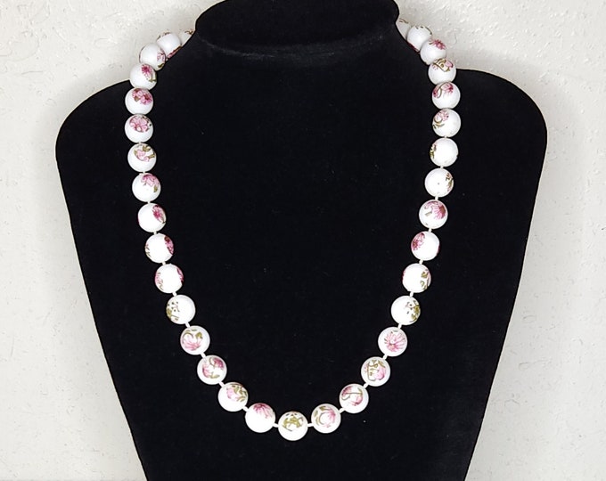 Vintage White Plastic Beaded Necklace with Pink Floral Print B-5-99