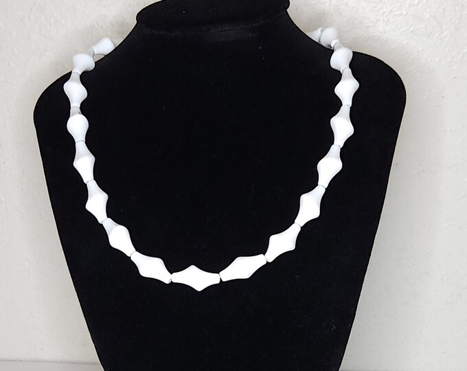 Vintage Crown Trifari Marked Plastic Bi-Cone Bead Faux Milk Glass Necklace 32 Inch A-4-18