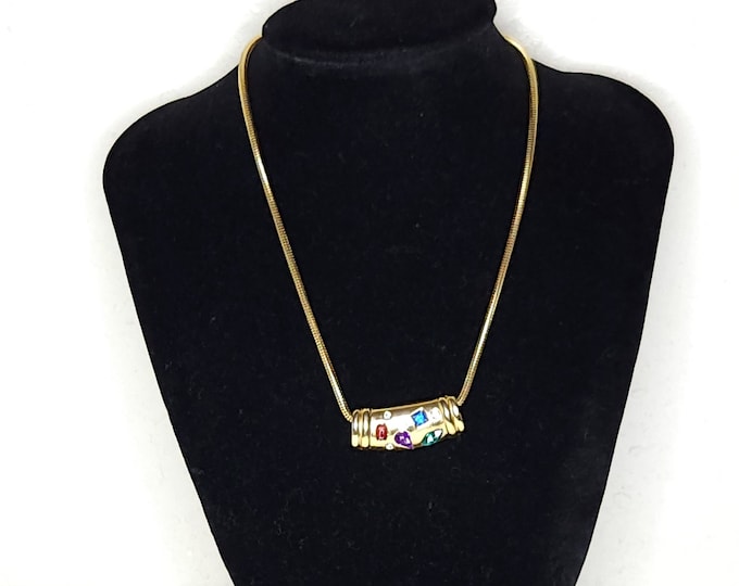 Vintage Gold Tone and Multicolor Acrylic Gems Pendant Necklace with Snake Chain C-7-98