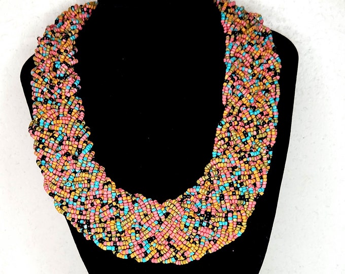 Vintage Braided Pink, Orange, Blue, Green and Black Seed Bead Necklace D-3-56