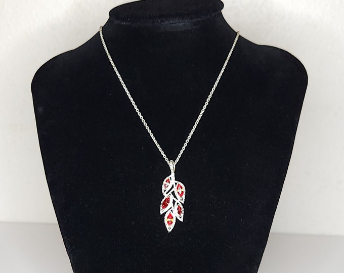 Vintage SAQ Signed Silver Tone and Faux Ruby Rhinestone Leaf Necklace 17 Inch with 3 Inch Extender A-2-16