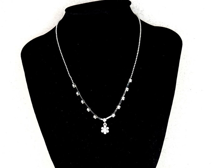 Vintage Silver Tone and Clear Rhinestone Flower Pendant on Ball Chain Necklace D-3-76